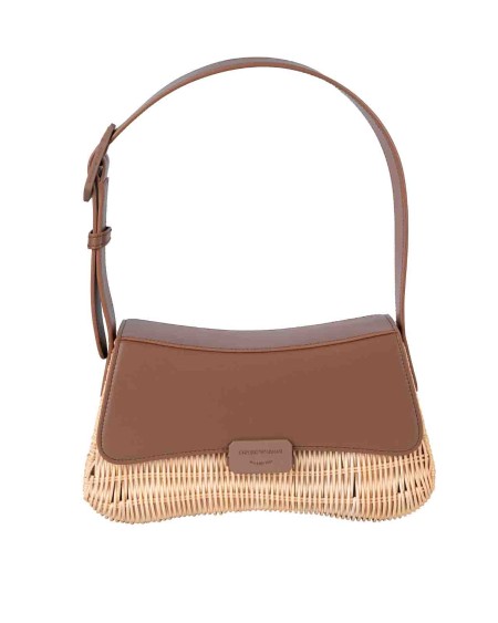 Shop EMPORIO ARMANI  Borsina: Emporio Armani baguette shoulder bag in wicker.
Dimensions: 26 x 13 x 6.5 cm.
Woven wicker.
Made in China. 
Leather effect details.
Logoed closure.
Adjustable shoulder strap.
Composition:100% Rattan.. Y3E226 YWR5V-80655